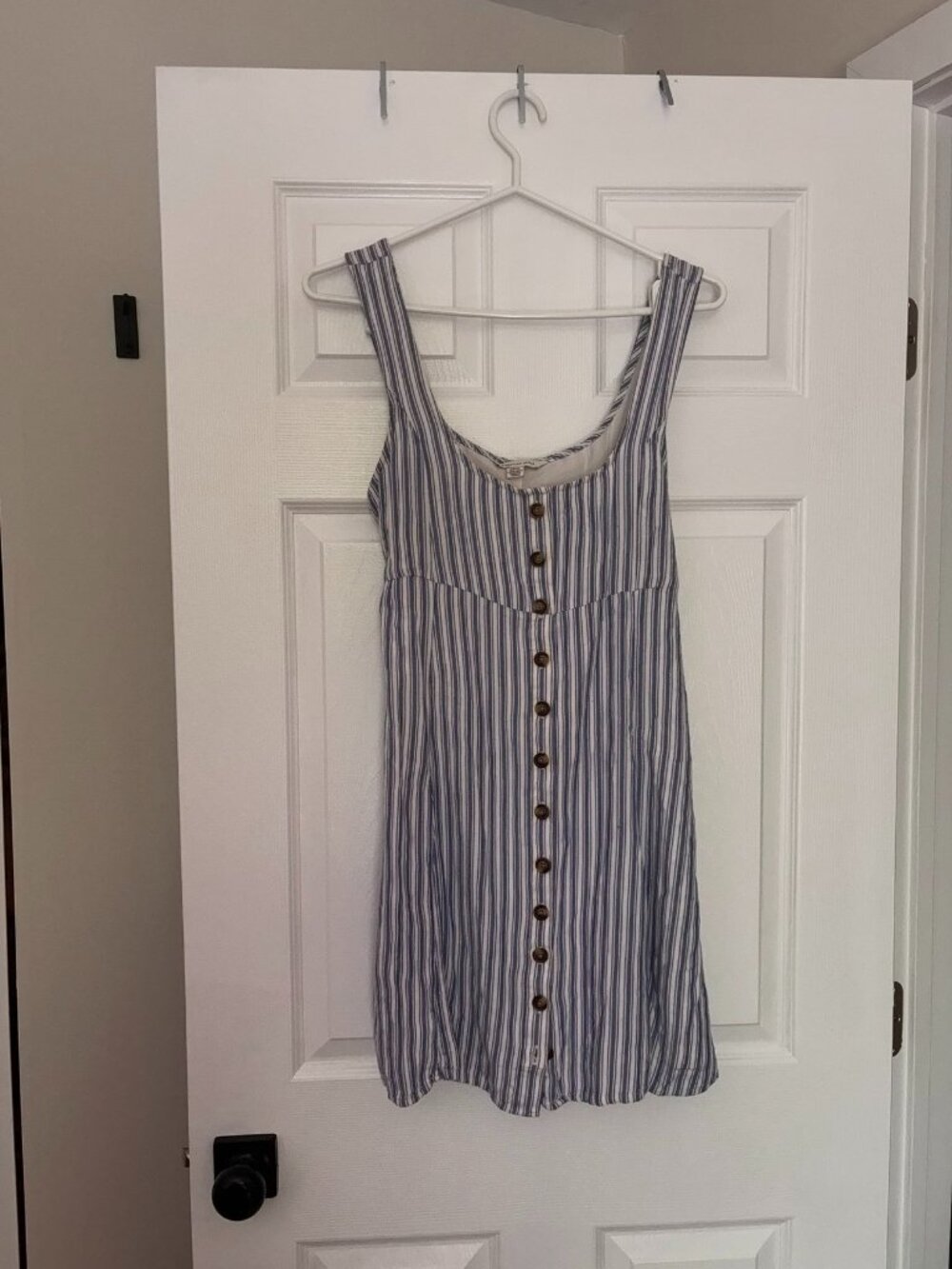 Striped Button Front Sundress / White & Blue Vacation Dress (Small)